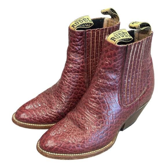 Rudel Genuine Leather Burgundy Croc Embossed Western Ankle Boots Women’s Size 8 - Picture 2 of 11